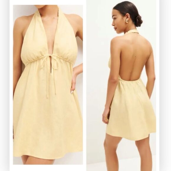 REFORMATION Carlena Halter Linen Parmesan Yellow Dress Large NWT  $218 - Picture 1 of 9
